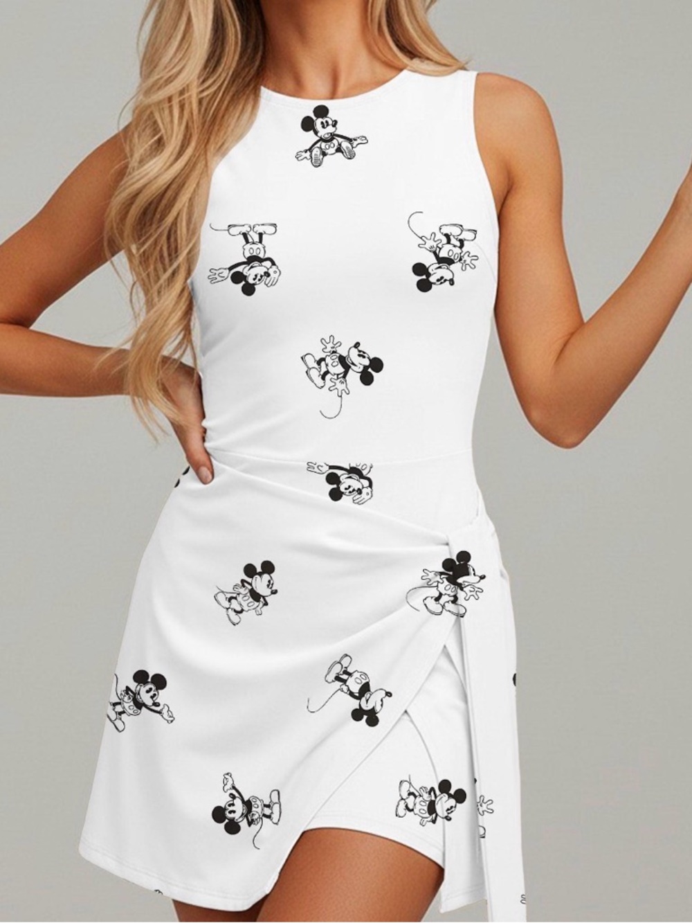 White Sleeveless Disney Mickey Print Wrap Dress